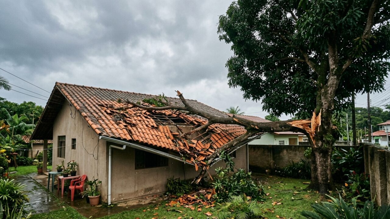 Árvore de terreno abandonado cresce sobre duas casas e proprietário só aparece depois que galho de grande porte destrói parte de um telhado