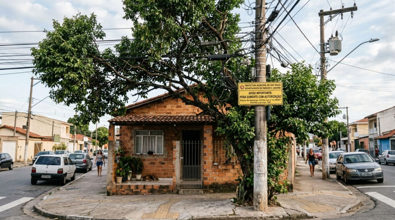 Morador poda a árvore na frente de sua casa, achando que pertencia a ele por estar na frente de sua propriedade, órgão de fiscalização aparece e multa o morador em R$ 5 mil, explicando que o homem precisaria de autorização ambiental