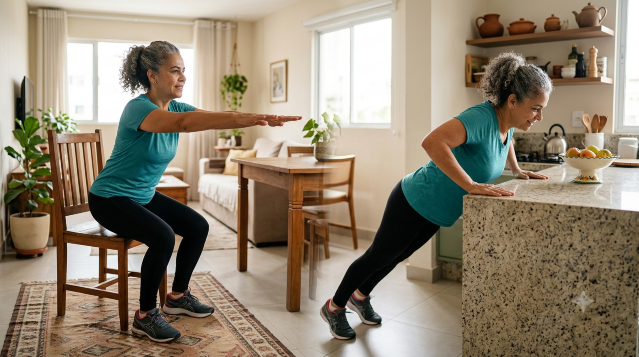 Treinadores concordam: “Aos 60 anos, em vez de caminhar por 20 minutos, é muito mais eficaz fazer exercícios como agachar com uma cadeira ou fazer flexões no balcão da cozinha”