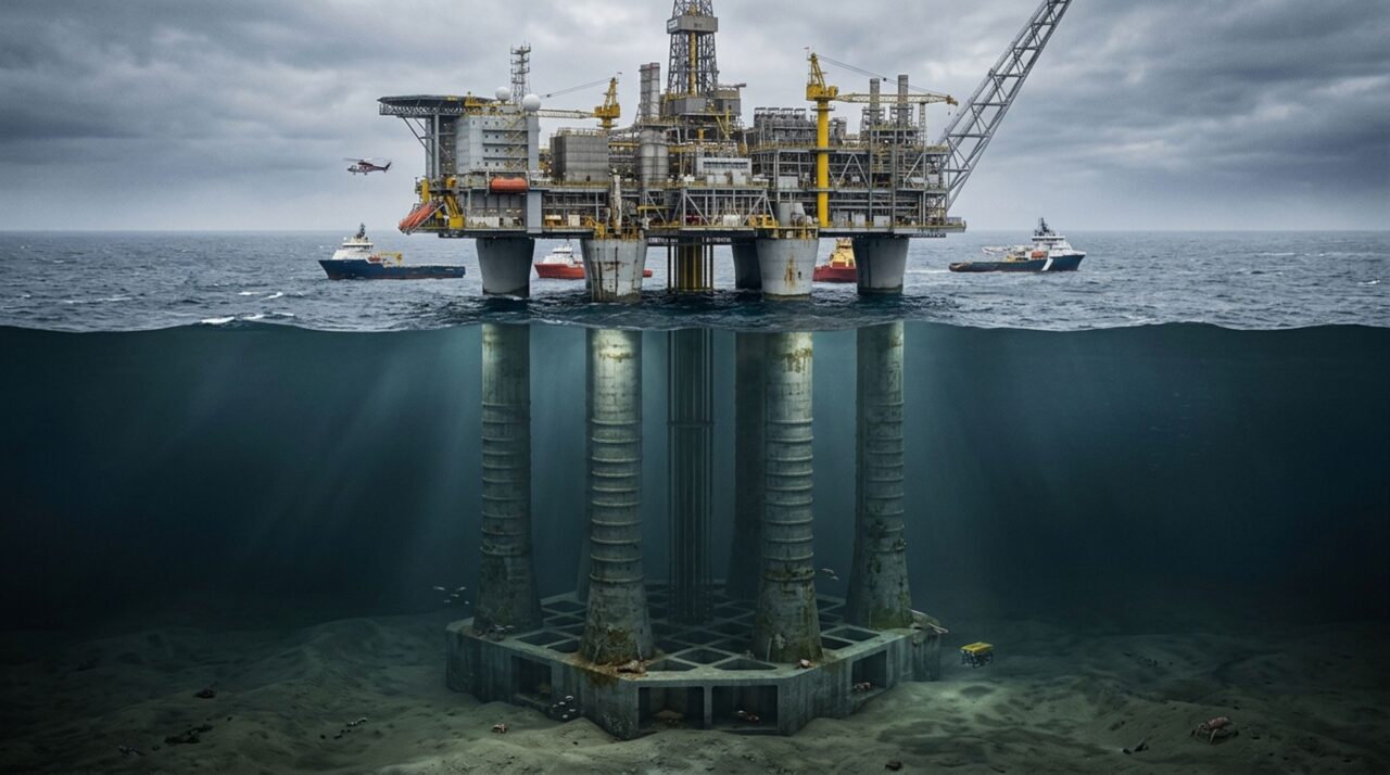 No meio do oceano, uma torre de concreto oca foi afundada até o fundo do mar e preenchida com milhares de toneladas de material para criar uma base resistente a ondas, correntes e ventos extremos