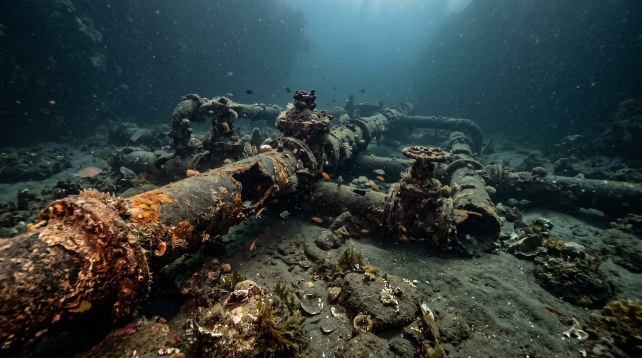 A contaminação dos oceanos por microplásticos vindos de dutos abandonados de petróleo e gás.