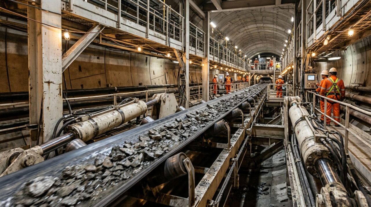 Além de cortar a rocha, a máquina funciona como uma fábrica móvel para transportar o material escavado