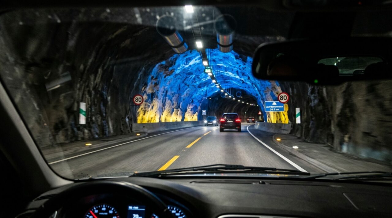 O túnel rodoviário de 24,5 km na Noruega que leva 20 minutos para atravessar a montanha e usa cavernas de luz azul e amarela para manter motoristas atentos
