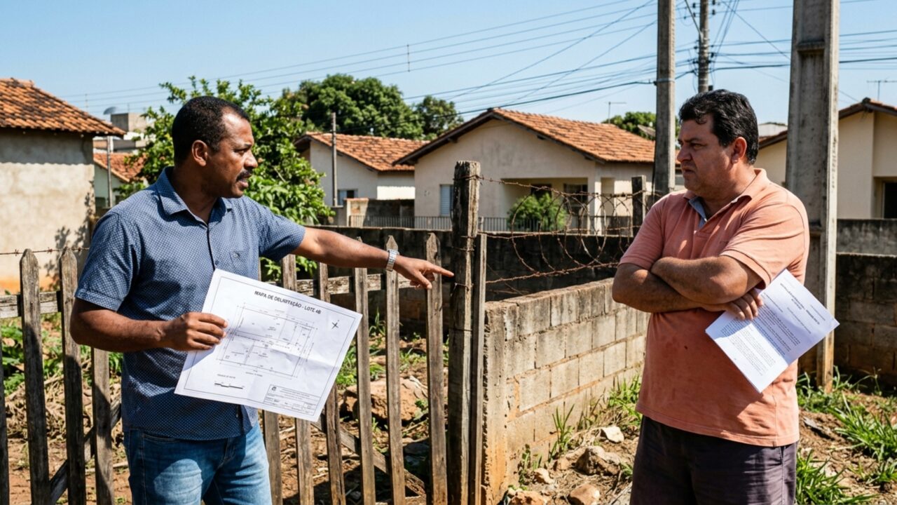 Família constrói muro seguindo uma cerca usada há mais de 20 anos e topógrafo mostra que a divisa avançou 46 centímetros sobre o terreno vizinho