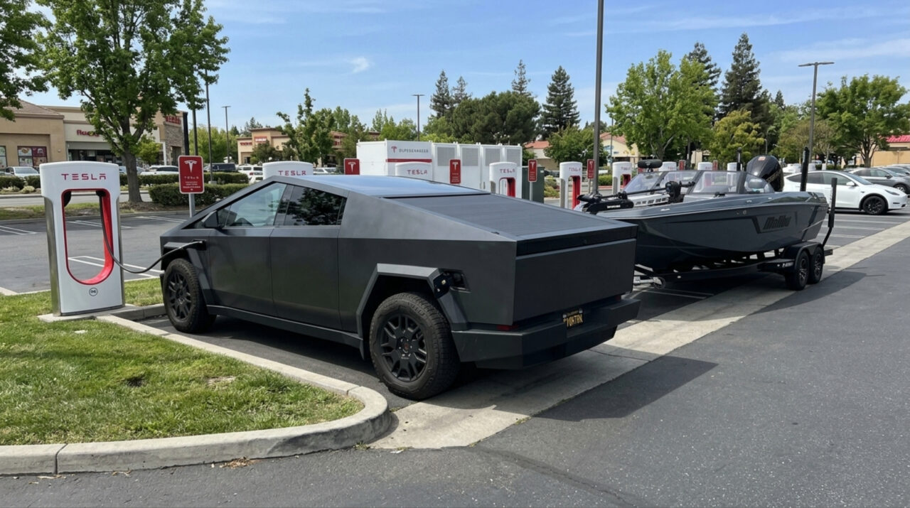 Um motorista de Tesla Cybertruck levou seu barco pela calçada para alcançar um supercompressor, mas as regras da Tesla complicam o conserto do cabo de extensão caríssimo