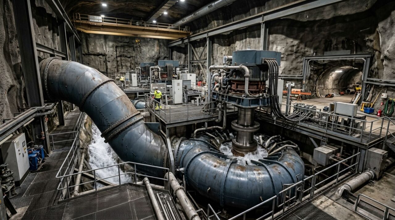 Na usina reversível de Nant de Drance, a água é bombeada para o reservatório superior quando sobra eletricidade e retorna pelas turbinas quando a rede precisa de energia