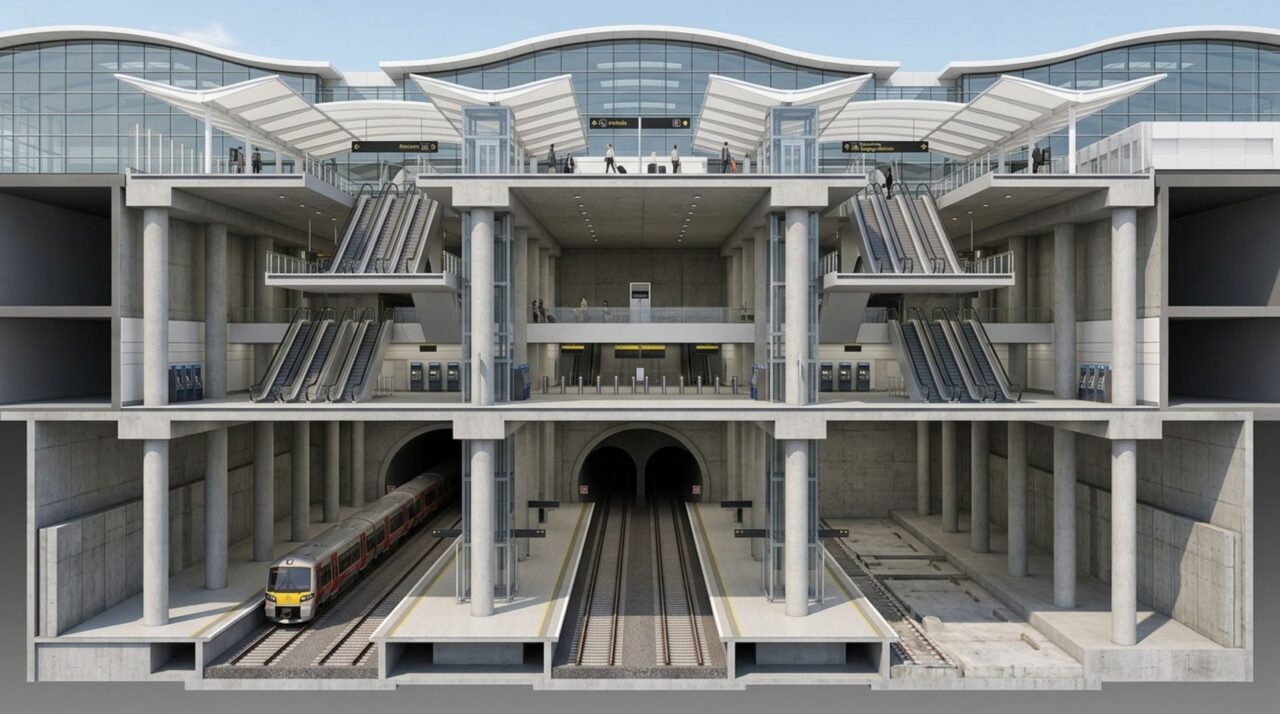 O Heathrow Terminal 5 reúne plataformas, mezanino e circulação vertical em uma grande caixa ferroviária construída sob o terminal