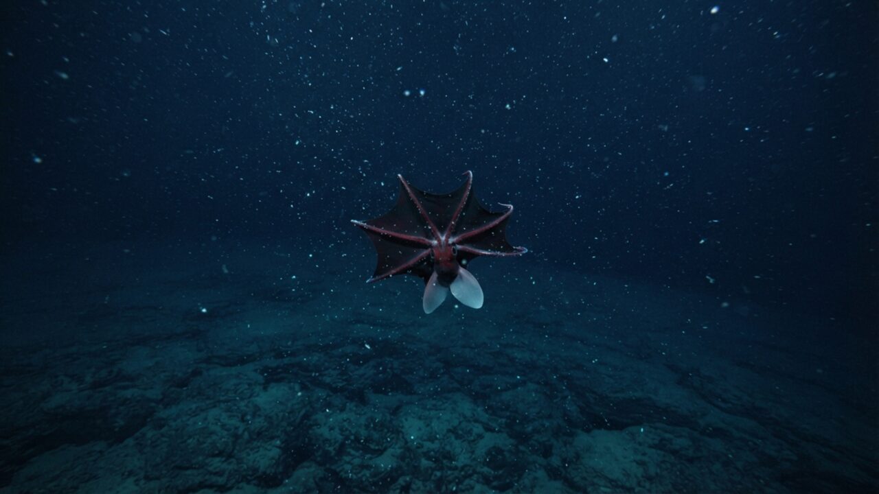 Ele parece uma lula de filme de terror, mas vive recolhendo restos que caem lentamente pelo oceano profundo