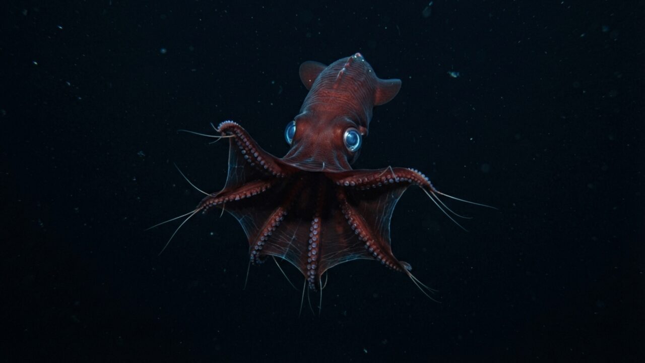 Ele parece uma lula de filme de terror, mas vive recolhendo restos que caem lentamente pelo oceano profundo