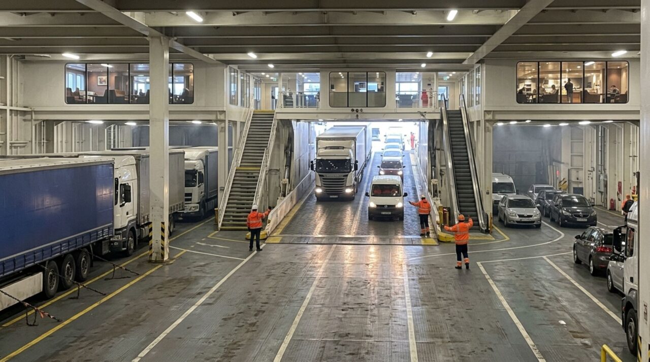 O sistema roll-on/roll-off permite que carros e caminhões entrem diretamente pelos acessos do ferry e sejam distribuídos pelos conveses internos antes da viagem