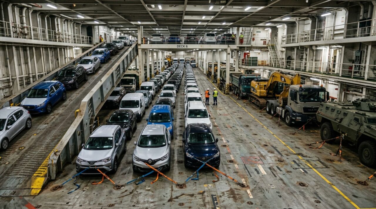Dentro dos navios Ro-Ro, veículos são distribuídos entre diferentes conveses e fixados com amarrações para manter peso, estabilidade e segurança durante a navegação
