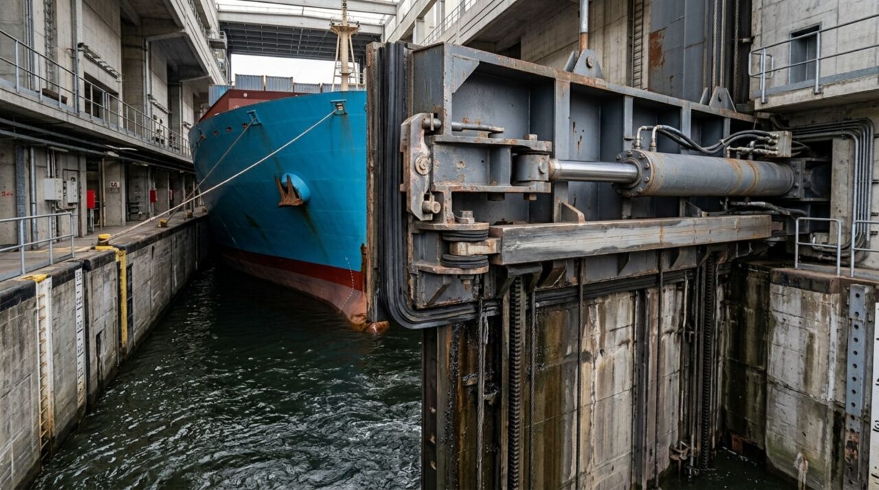Embarcação entra na câmara preenchida com água antes do fechamento das comportas e do início da subida