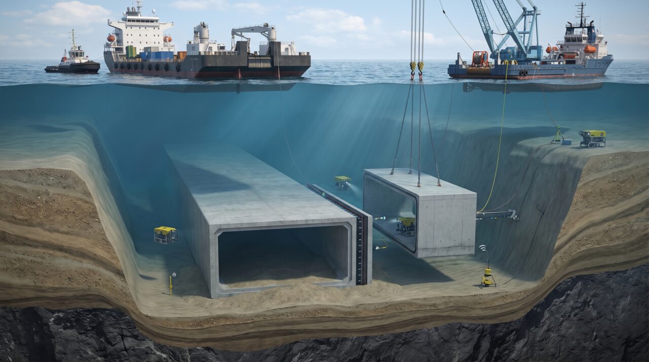 O túnel de 18 quilômetros que está sendo construído de um jeito que parece impossível: 89 estruturas gigantes saem de uma fábrica em terra e desaparecem uma a uma no fundo do mar