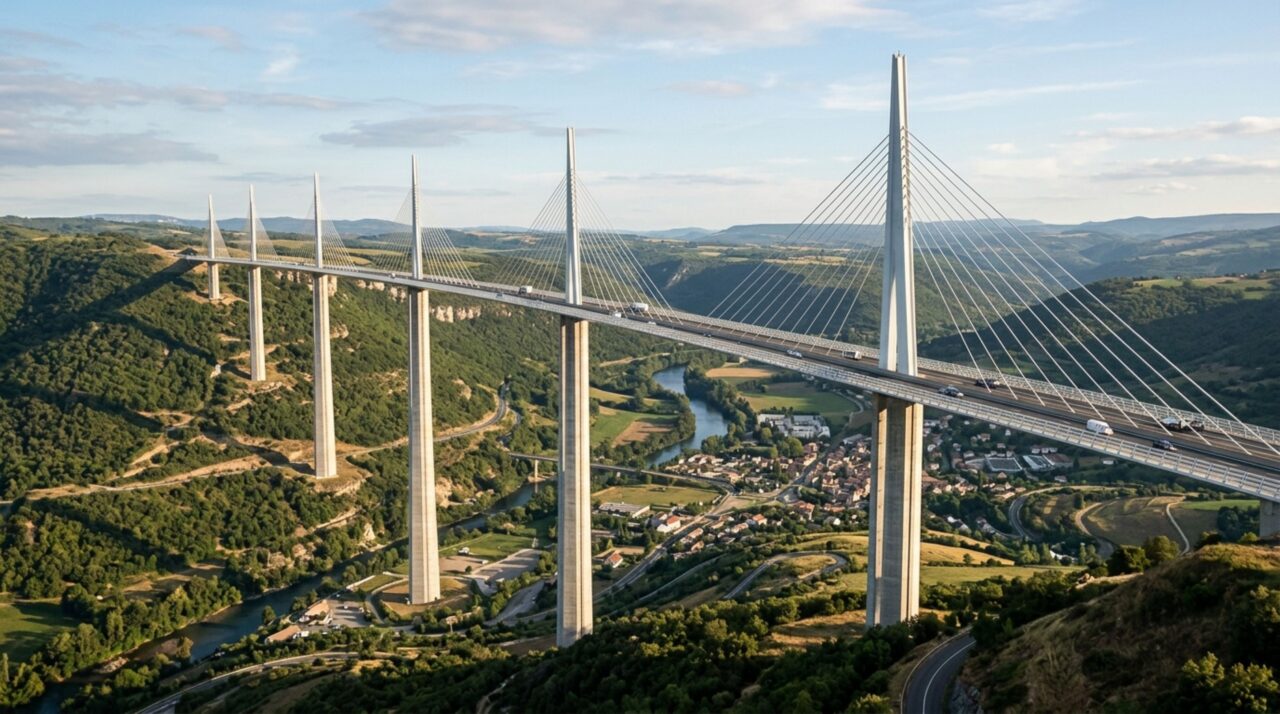 Erguida sobre um vale onde os ventos podem ultrapassar 150 km/h, esta ponte usa pilares com mais de 200 metros de altura e um tabuleiro extremamente esbelto para atravessar quase 2,5 quilômetros sem transformar a paisagem em uma sequência de apoios gigantescos