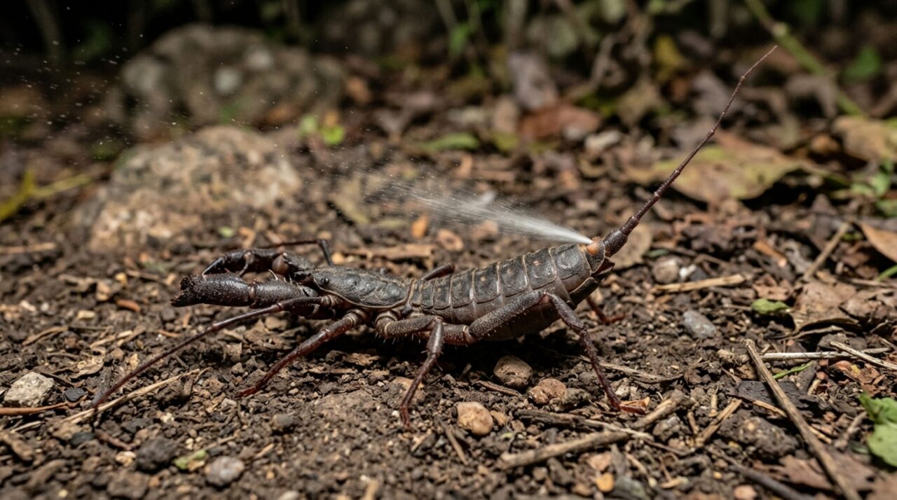 O Mastigoproctus giganteus libera uma secreção rica em ácido acético por glândulas próximas à base do flagelo