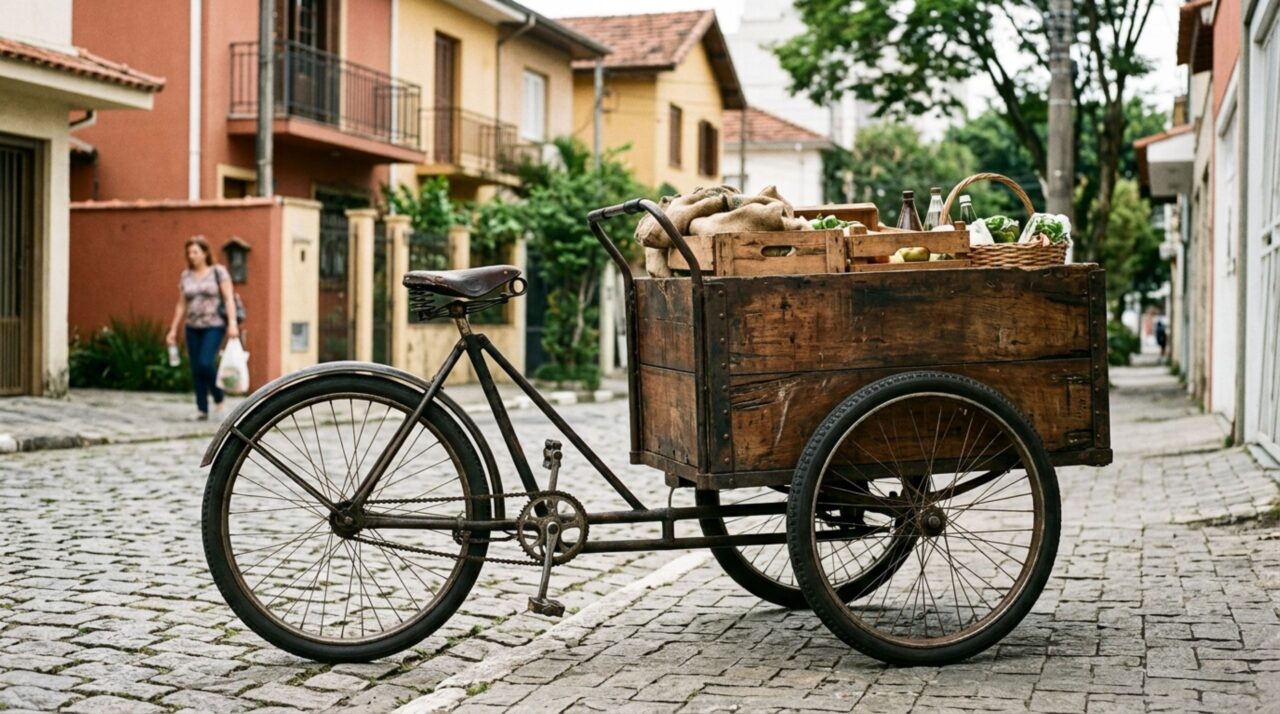 O antigo triciclo com caixa de madeira usado para distribuir pães e doces de porta em porta