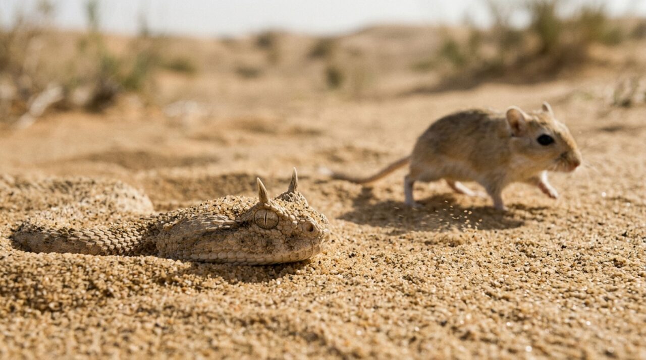 Enquanto permanece escondida, a víbora-chifruda combina vibrações transmitidas pela areia com informação visual para perceber a aproximação da presa e orientar o bote