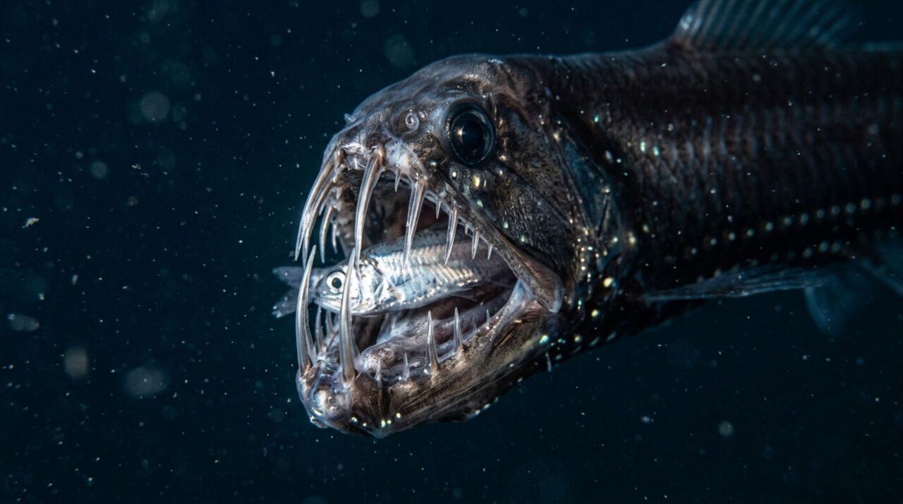 As mandíbulas expansíveis e os dentes longos dos peixes-víbora ajudam a reter presas relativamente grandes em encontros raros no oceano profundo
