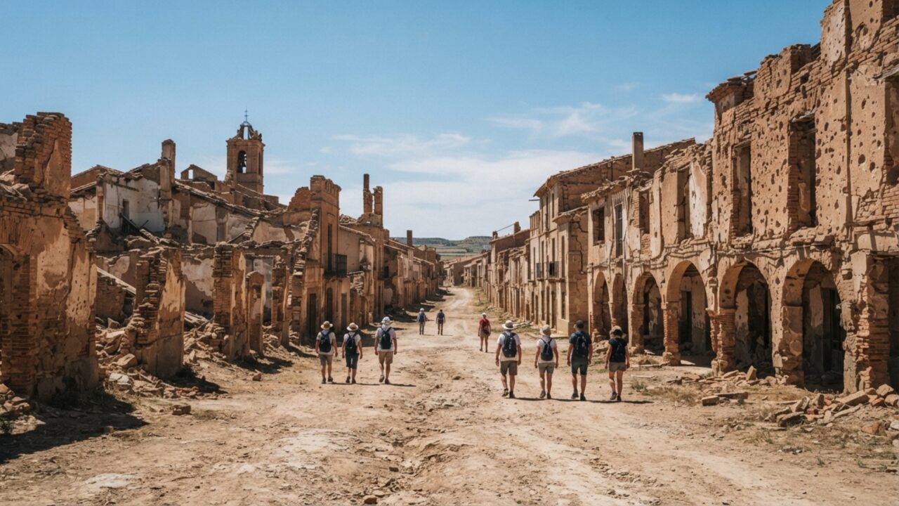 Existe uma cidade destruída na Guerra Civil Espanhola que não foi simplesmente reconstruída, e suas igrejas, torres e ruas em ruínas permanecem ao lado da cidade onde as pessoas vivem hoje