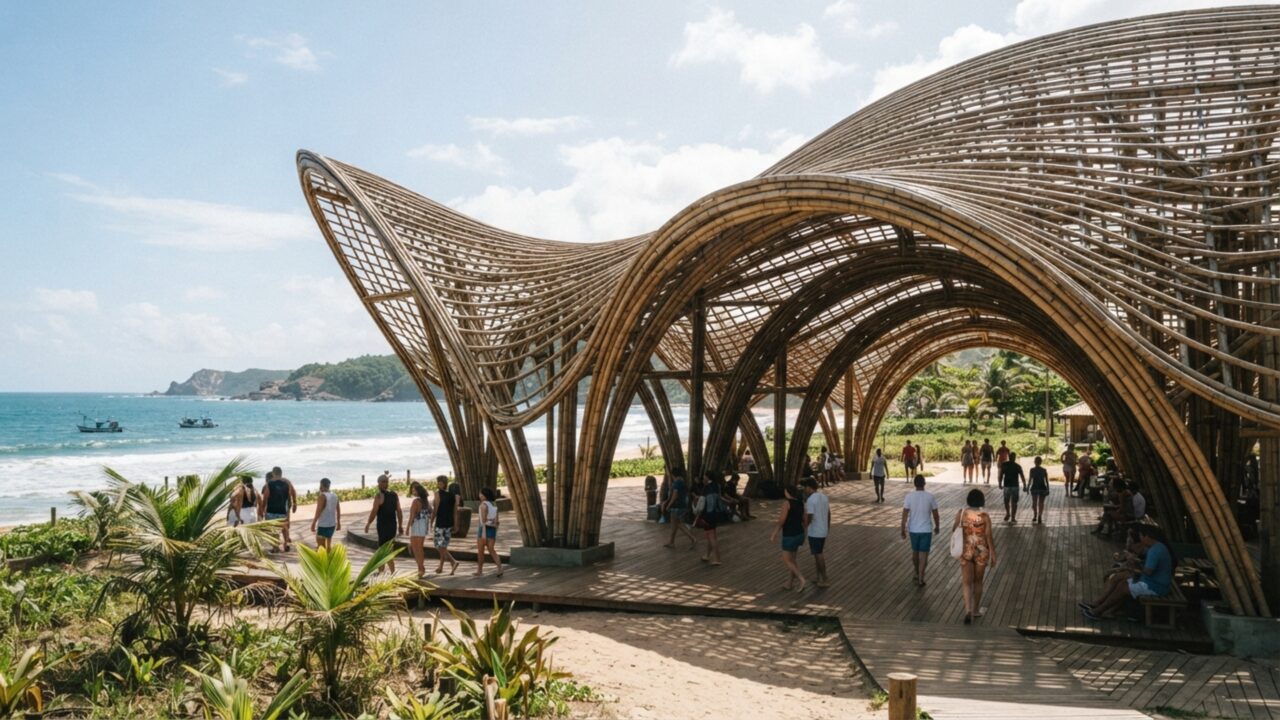 Nem madeira, nem ferro: pilares de bambu tratado suportam coberturas gigantescas e duram mais de 50 anos expostos ao tempo