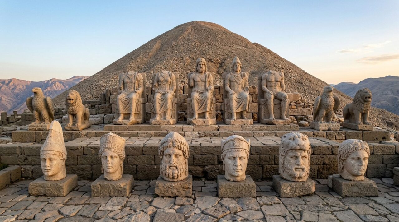 Uma visão mais explicativa do Monte Nemrut mostrando como as cabeças hoje aparecem diante das estátuas monumentais nas terrazas do complexo funerário e religioso
