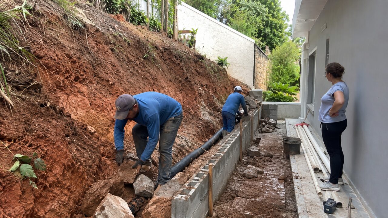Vizinho esvazia piscina durante a madrugada e volume de água derruba parte do barranco da casa ao lado, proprietária exige nova contenção e ressarcimento dos danos