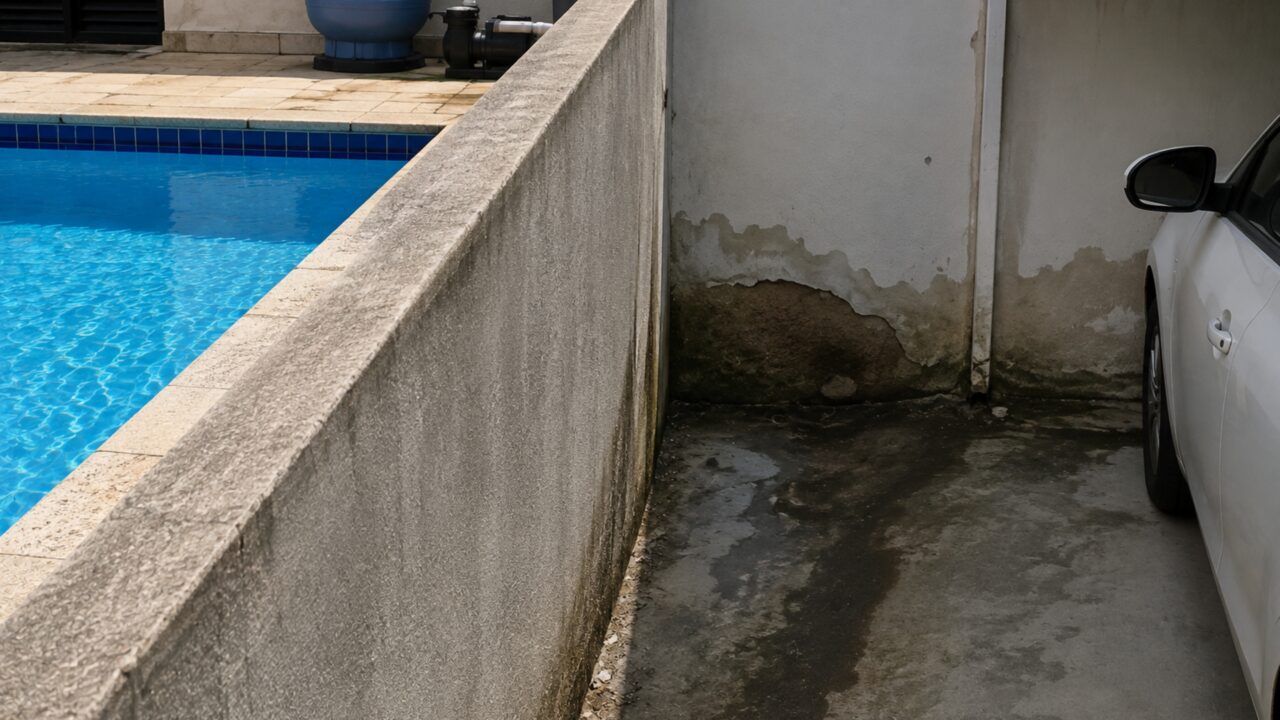Casal constrói piscina a 70 centímetros da divisa e vizinho percebe que o nível da água baixa sempre que o sistema de filtragem é ligado