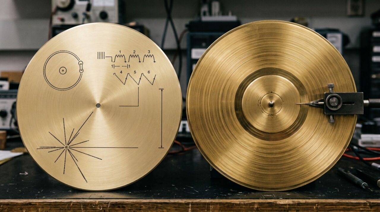 A estrutura do disco dourado da Voyager reúne gravações analógicas e instruções físicas pensadas para permitir a reprodução de sons e reconstrução de imagens