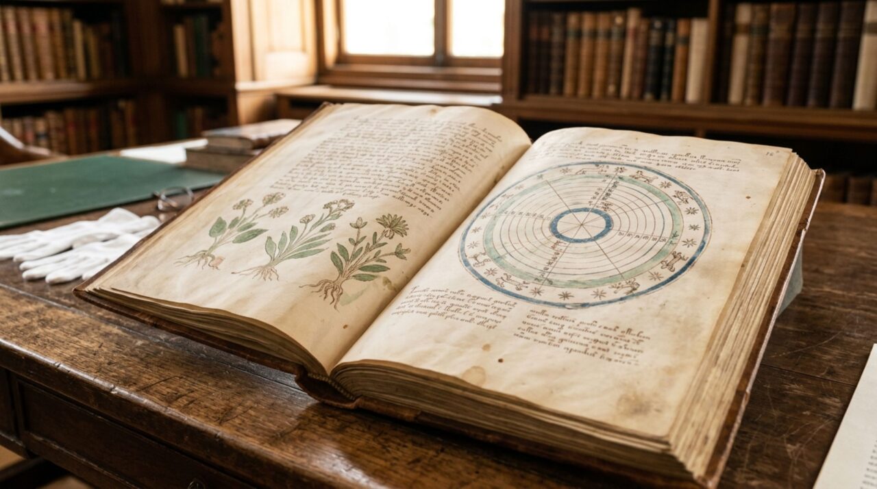 Diagramas circulares e ilustrações de plantas compõem as seções temáticas do manuscrito medieval