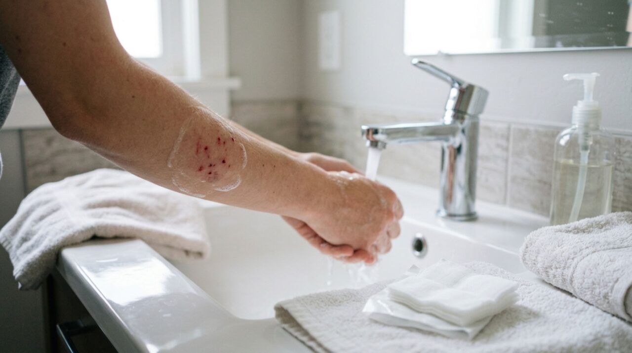 A limpeza cuidadosa e o controle simples do sangramento ajudam a proteger a ferida enquanto o serviço de saúde avalia os próximos cuidados