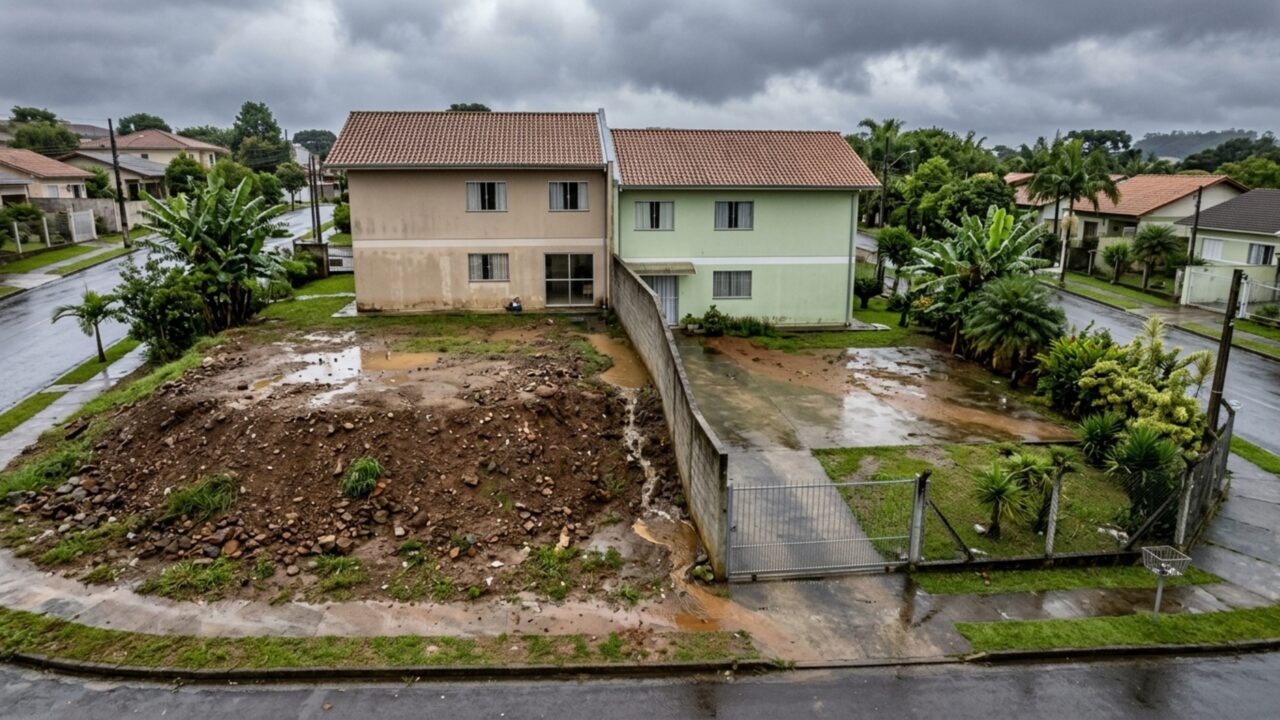 Proprietário eleva o quintal para impedir alagamentos e primeira chuva forte manda toda a água para dentro da casa do vizinho