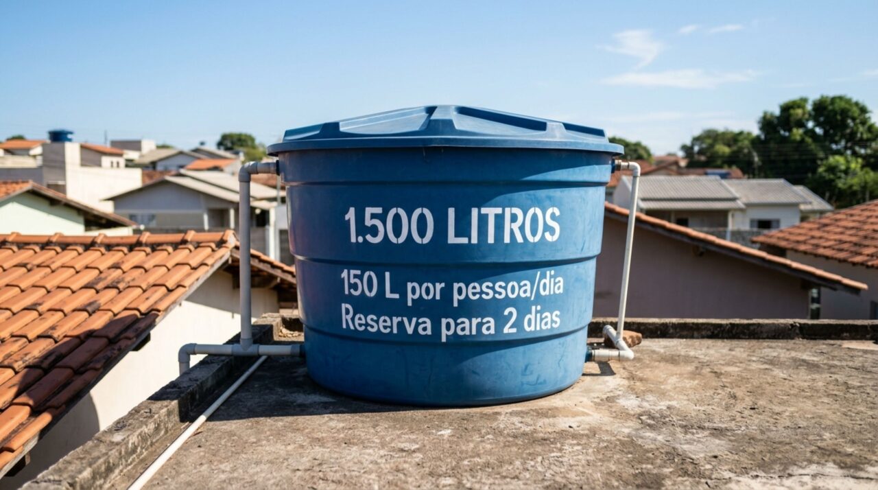 Antes de comprar a caixa d’água pelo tamanho que coube na laje, a normal dá a conta, são 150 litros por pessoa por dia em casa e até 200 em prédio, multiplicado pelos moradores e por 2 dias de reserva, e o que sobra de espaço não entra nesse cálculo