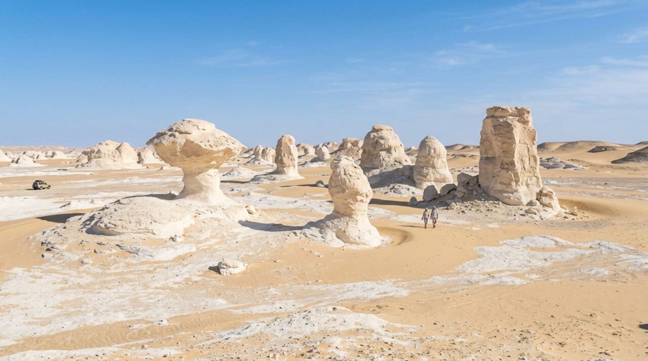 No deserto egípcio existe uma depressão coberta por enormes formações brancas de giz e calcário que se projetam da areia como esculturas naturais e parecem ter sido construídas artificialmente