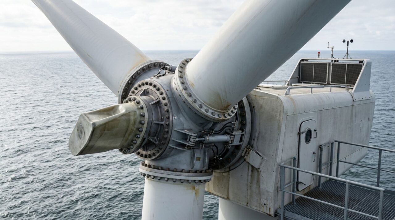 Detalhe do rotor e das pás de uma turbina offshore