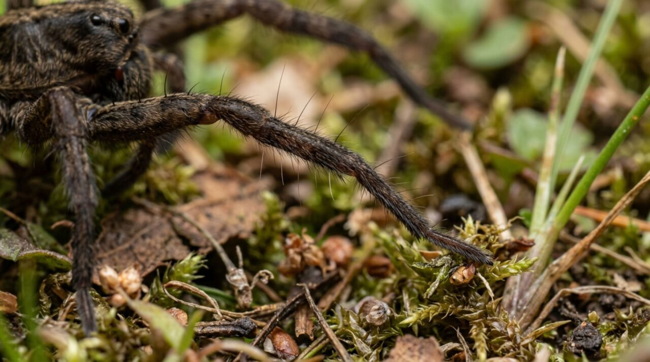 Detalhe das estruturas sensoriais da aranha-lobo da família Lycosidae para percepção de vibrações