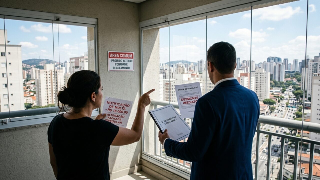 Depois de gastar R$ 18 mil para fechar a varanda com vidro, proprietária recebe ordem para desmontar tudo por alteração da fachada do prédio