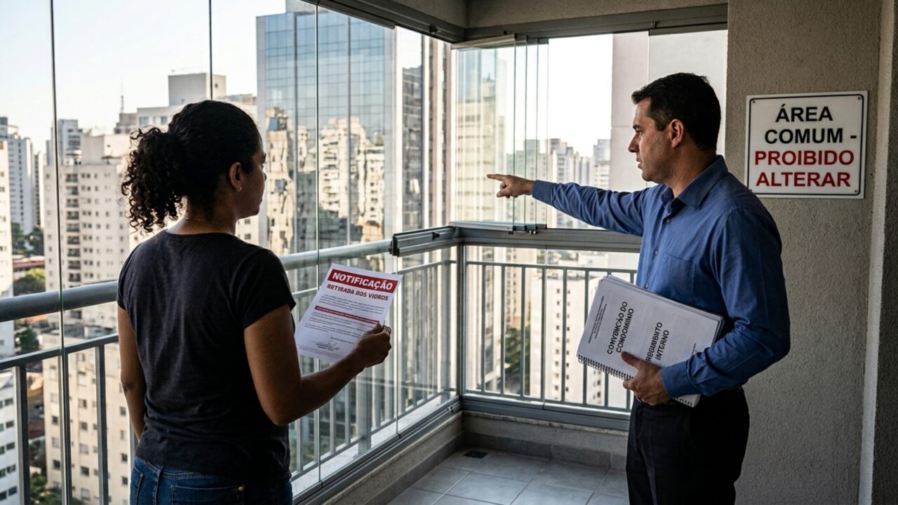 Moradora fecha varanda do apartamento com vidro igual ao dos vizinhos e recebe ordem para remover tudo porque nunca houve autorização formal do condomínio