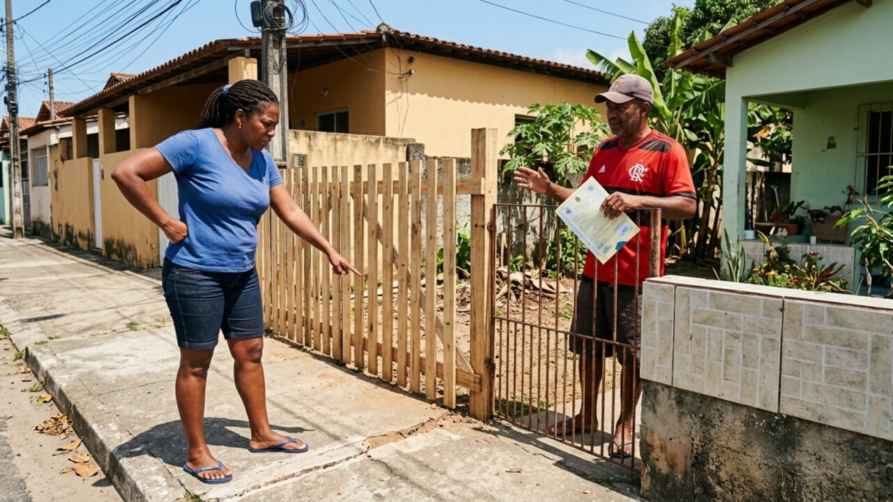 Família chega do trabalho e encontra cerca divisória reconstruída 38 centímetros dentro de seu terreno, proprietário exige nova medição e mudança imediata da estrutura