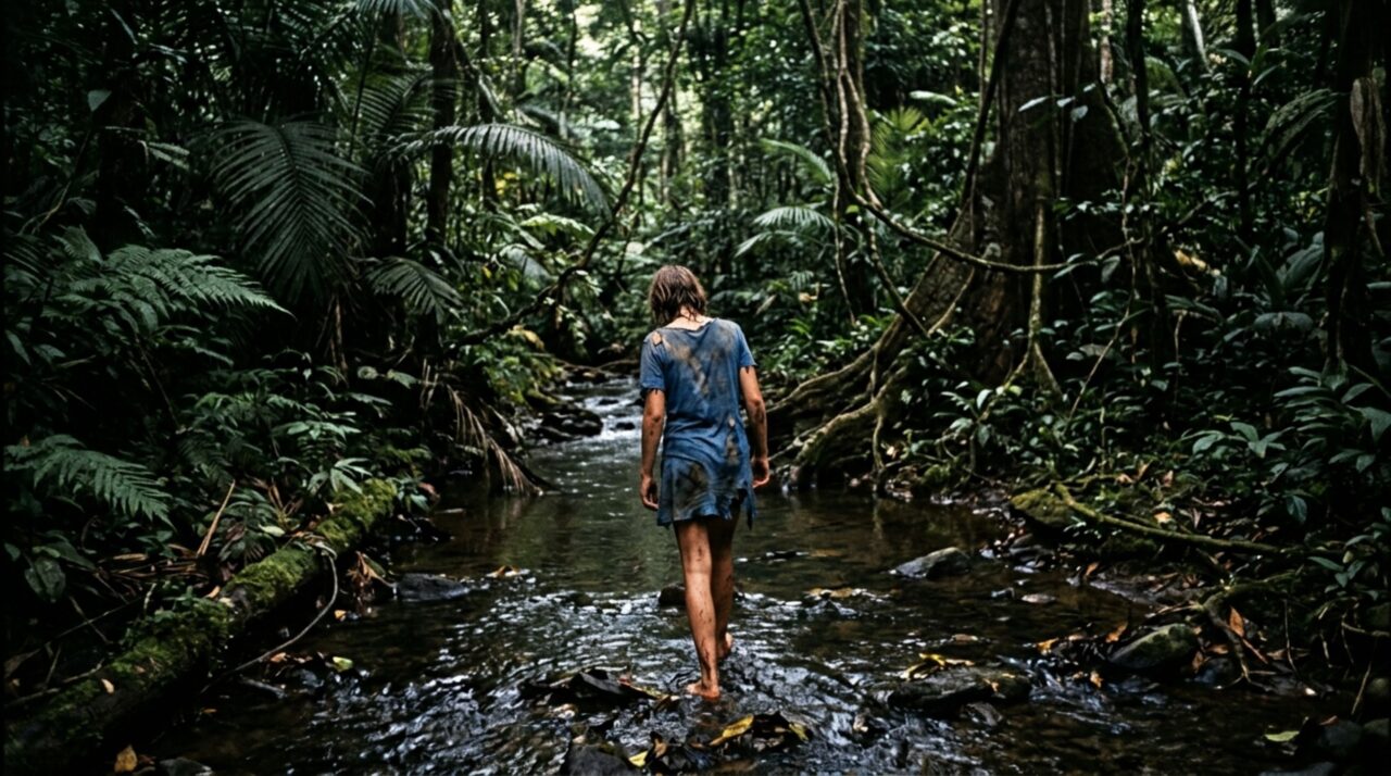 A imagem destaca a estratégia usada por Juliane Koepcke para se orientar na Amazônia, acompanhando pequenos cursos d’água na esperança de alcançar rios maiores e áreas com presença humana