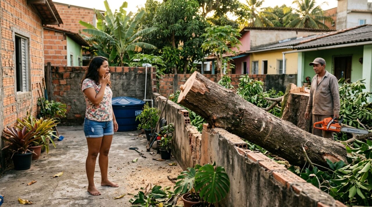 Mulher passa semana fora e, ao voltar, descobre que vizinho cortou árvore plantada exatamente na divisa dos terrenos, ela afirma que nunca autorizou a retirada