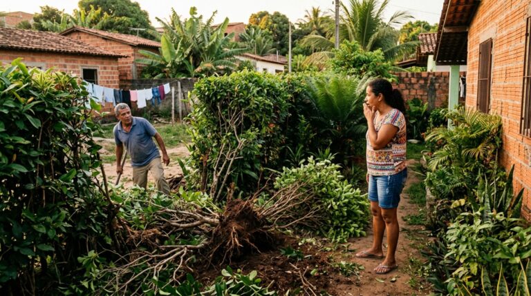 Mulher volta para casa e descobre que vizinho removeu parte de cerca viva usada há anos como divisão, ela exige replantio e questiona quem era dono das plantas
