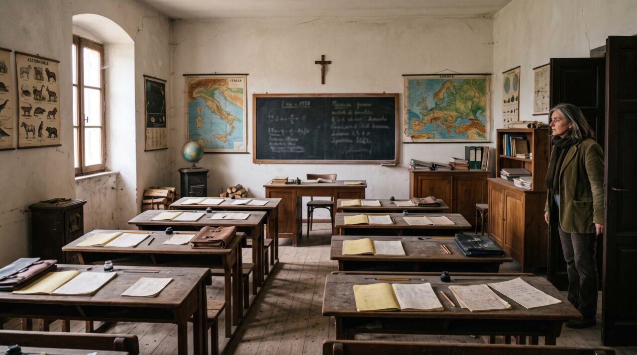 Mulher deixa a cidade aos 52 anos e transforma uma antiga escola rural abandonada na Itália em casa, mantendo intacta uma sala de aula fechada desde 1978