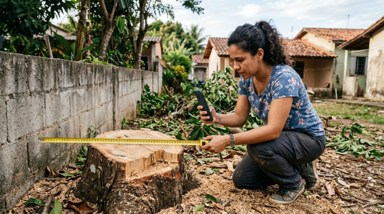 Mulher passa semana fora e, ao voltar, descobre que vizinho cortou árvore plantada exatamente na divisa dos terrenos, ela afirma que nunca autorizou a retirada