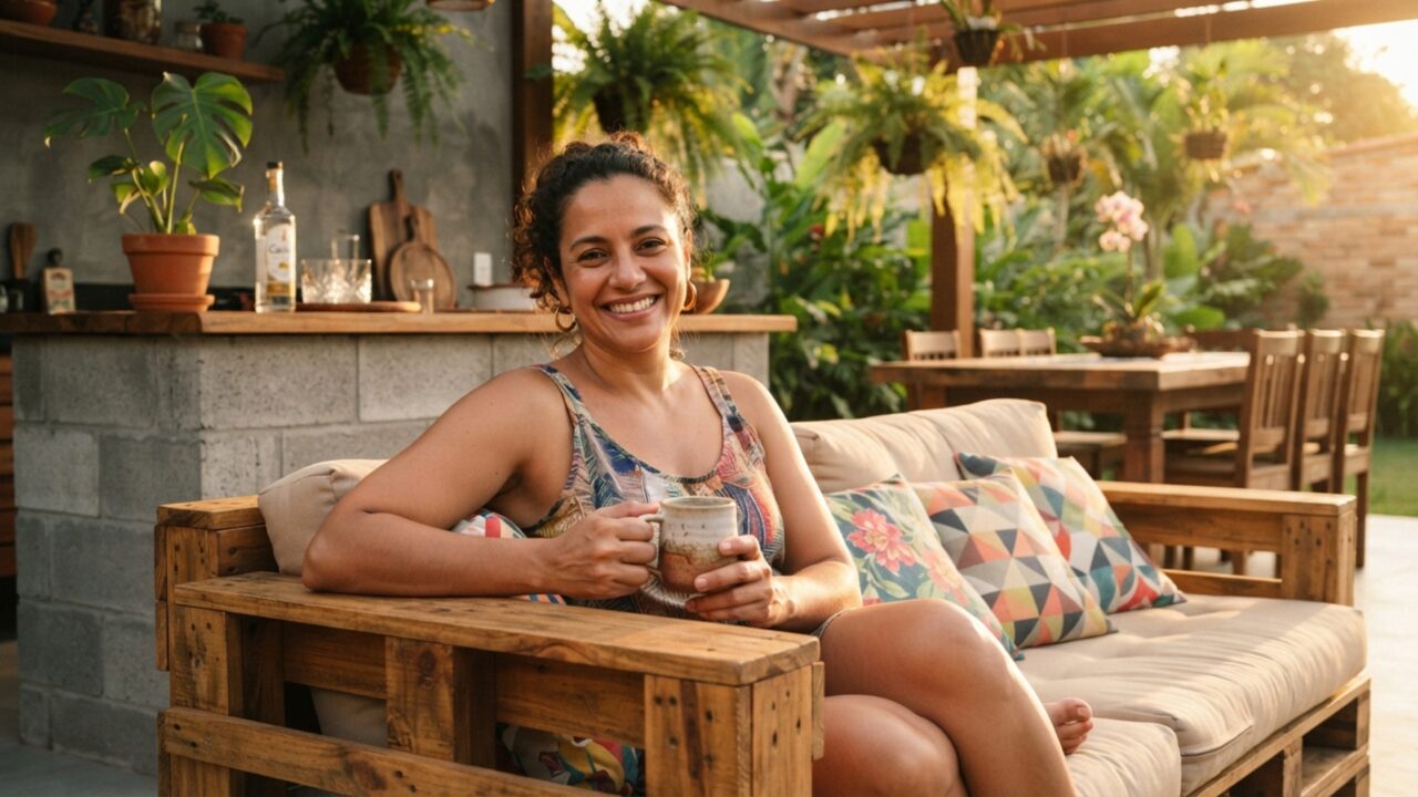 Dona de casa transforma quintal de terra em área gourmet de revista gastando apenas R$ 3.500 com pallets e blocos de concreto estrutural