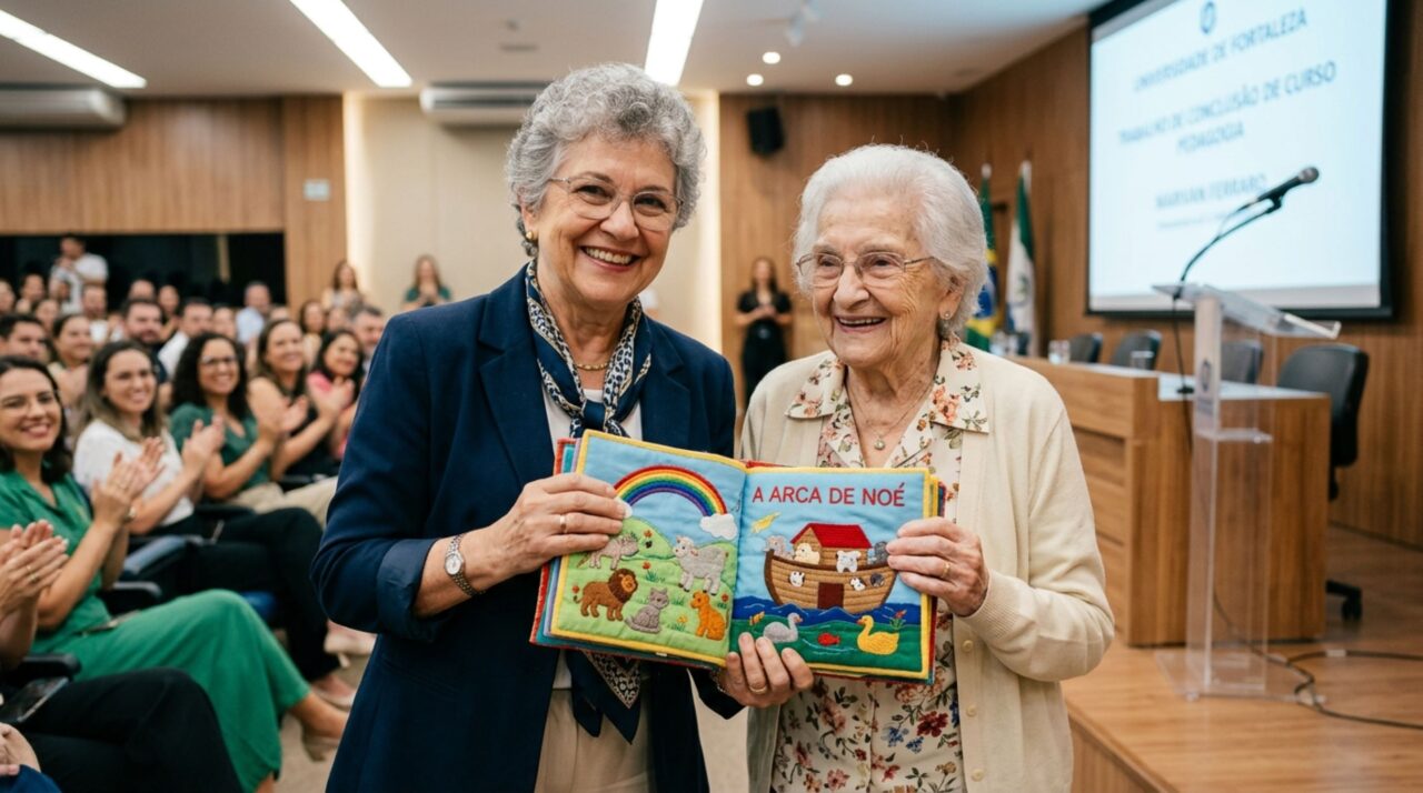 Aos 77 anos, a professora aposentada decidiu fazer uma segunda faculdade, escolheu Design, e entregou como trabalho de conclusão um livro bordado à mão em parceria com a própria mãe, de 98 anos, que assistiu à defesa sentada na plateia