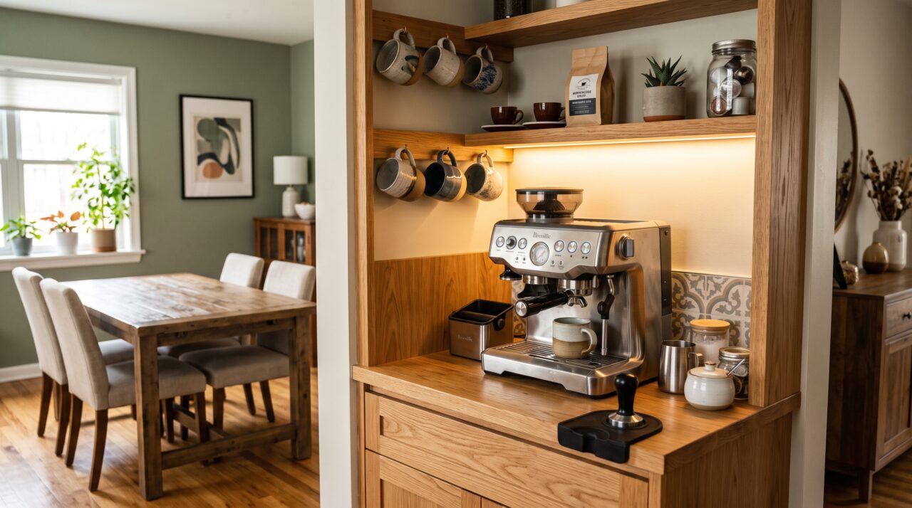 O custo e os itens para montar um espaço de café planejado na sala de jantar em 2026.