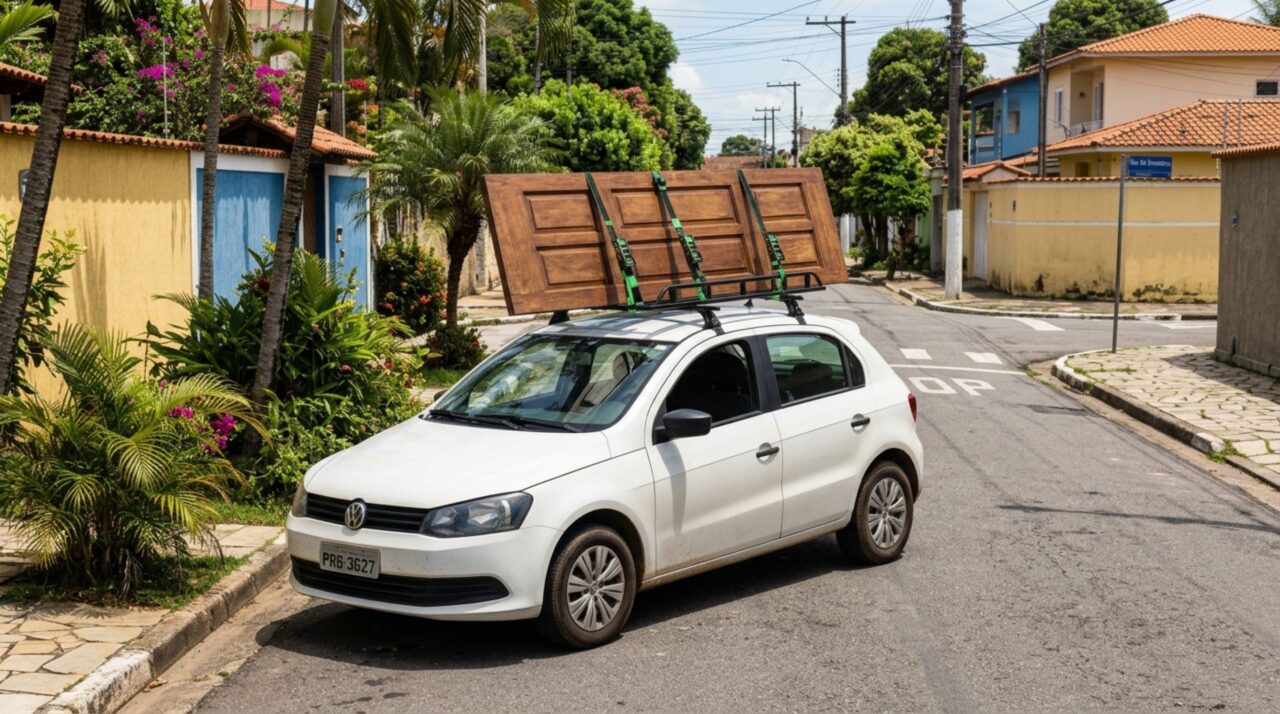 Motorista precisava levar uma porta de madeira para uma reforma, ao colocá-la atravessada no teto, percebe que ela ultrapassa as laterais do carro, decide continuar o trajeto e fiscalização explica por que a largura da carga importa