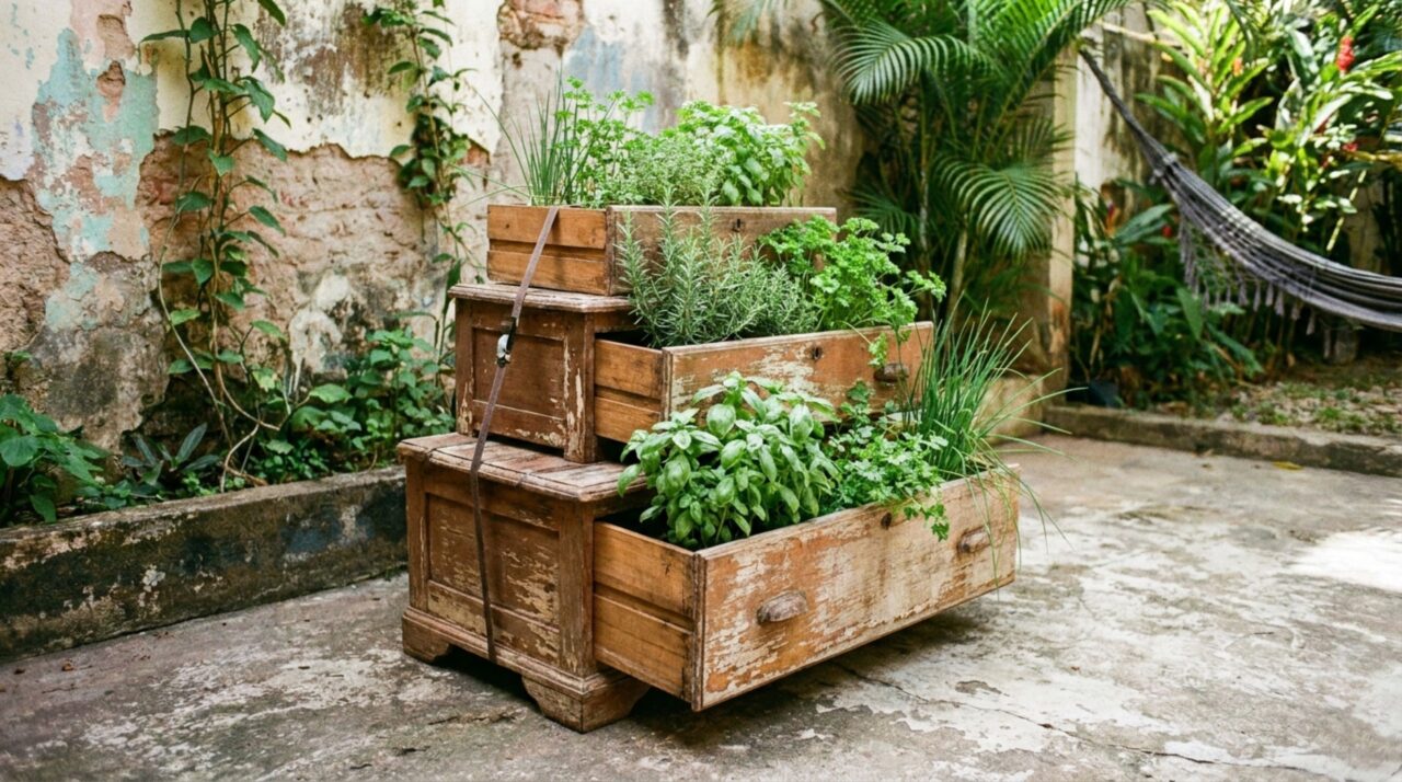 Como transformei gavetas antigas em uma horta em níveis com cara de jardim assinado por paisagista