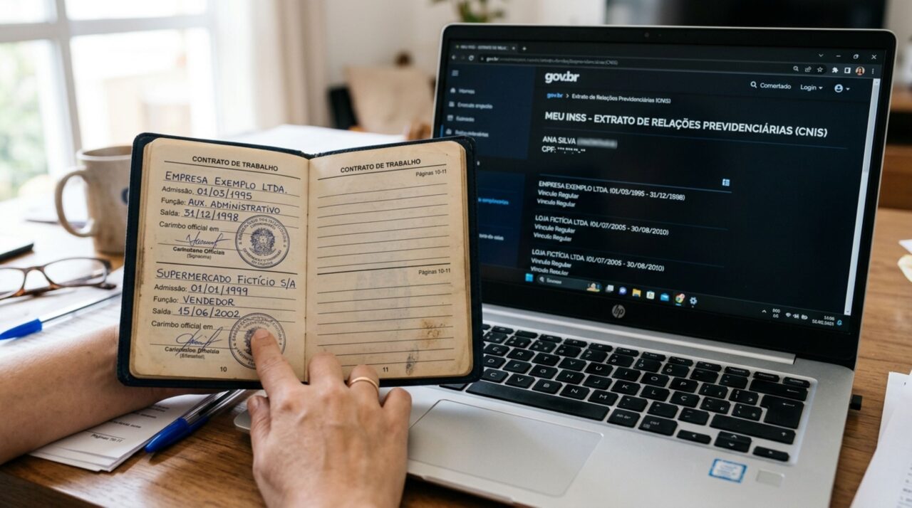 Trabalhador pede aposentadoria pelo INSS, ao analisar o pedido servidor questiona anos que não aparecem no sistema, homem apresenta carteira de trabalho e afirma ter trabalhado registrado durante todo o período
