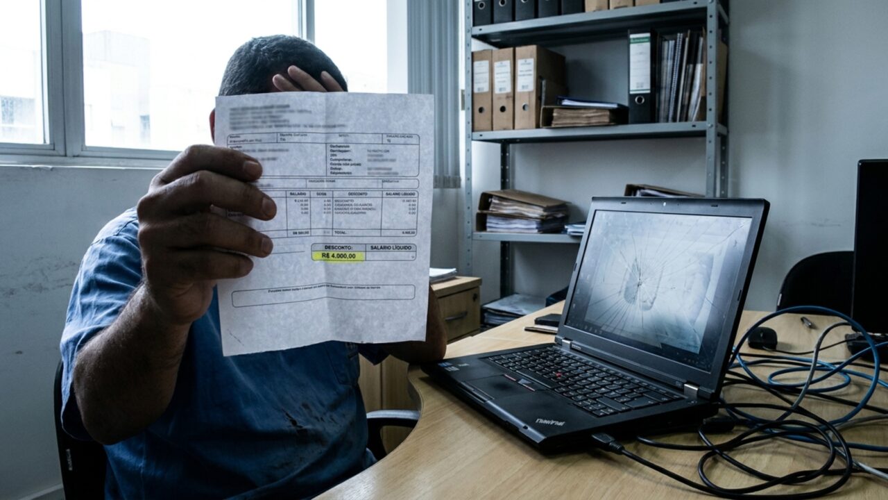 Empresa desconta R$ 4 mil do salário após notebook cair da mesa durante o expediente, trabalhador fica sem pagamento e contesta cobrança por equipamento que já apresentava defeitos